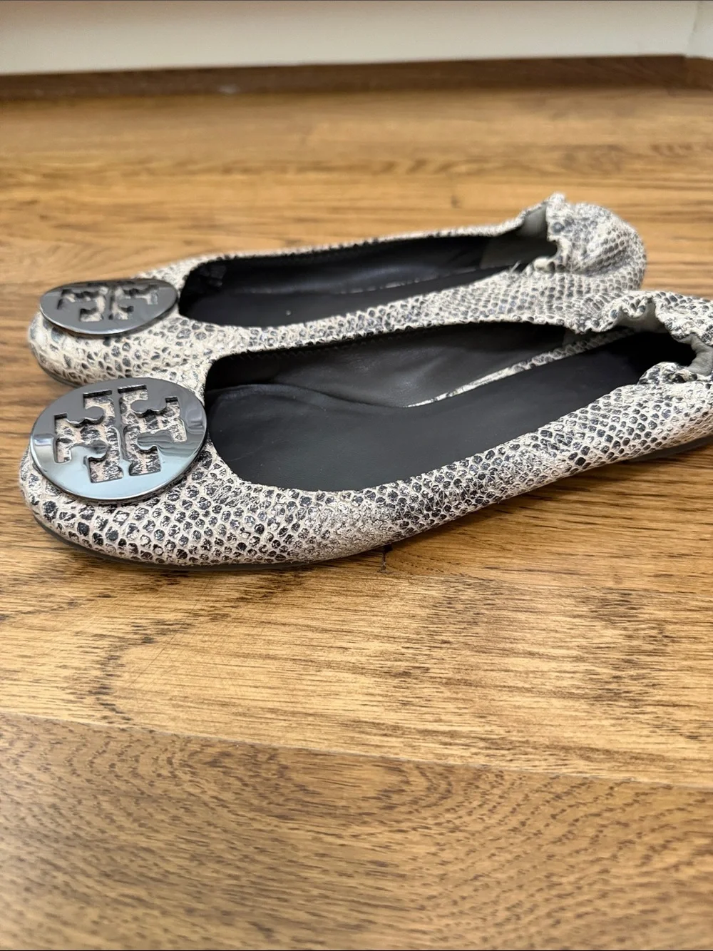 Tory Burch Snake-Embossed Reva Flats in Beige and Black Logo